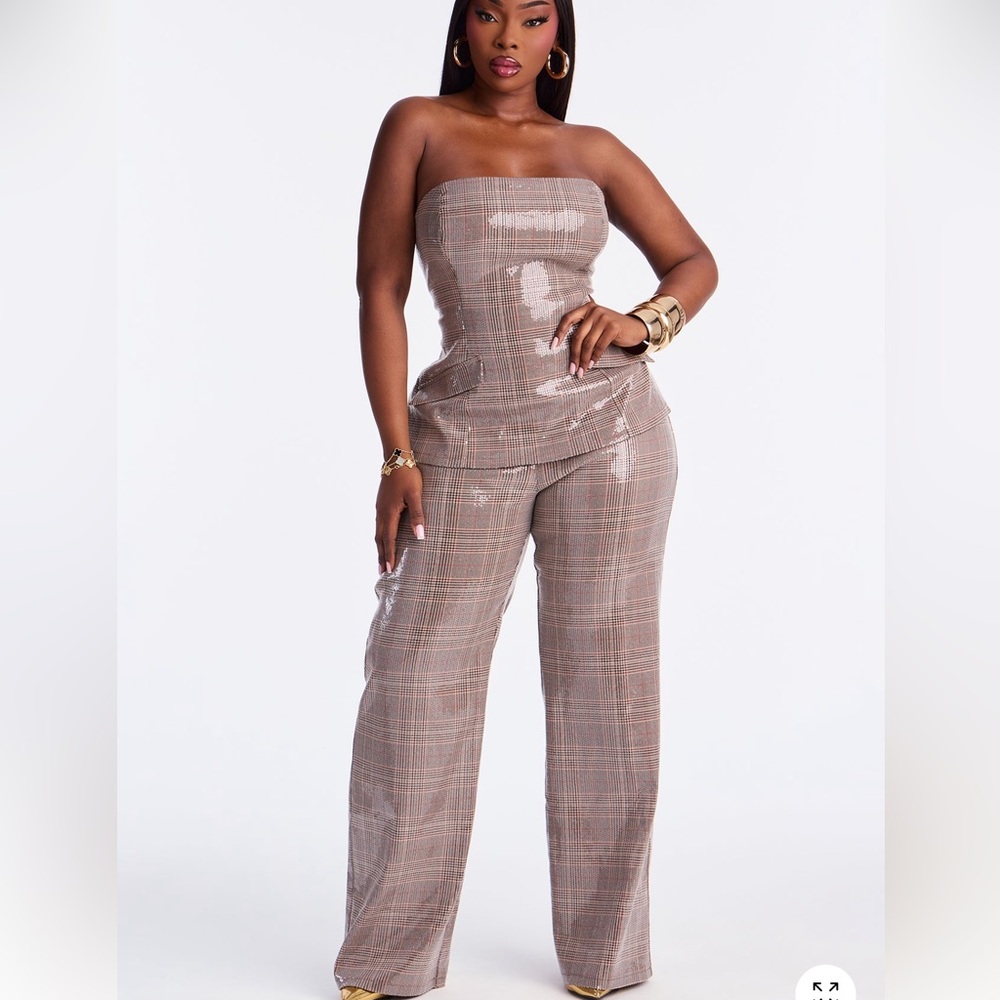Fashion Nova Shimmering Brown Strapless Jumpsuit